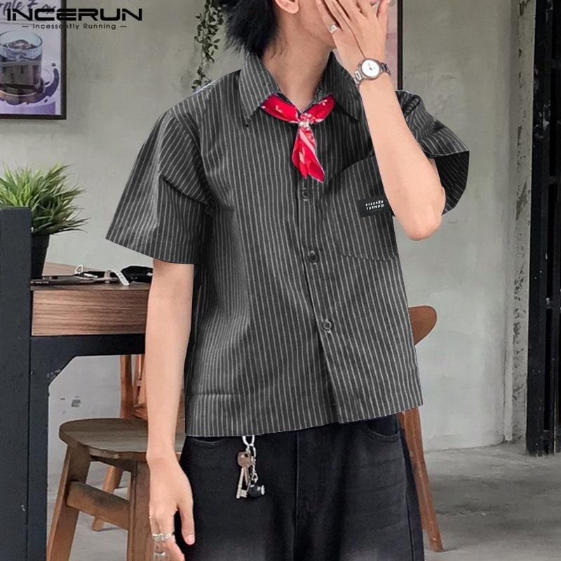 

INCERUN Men Oversized Lapel Neck Summer Striped Buttons Up Casual Loose Shirts синій