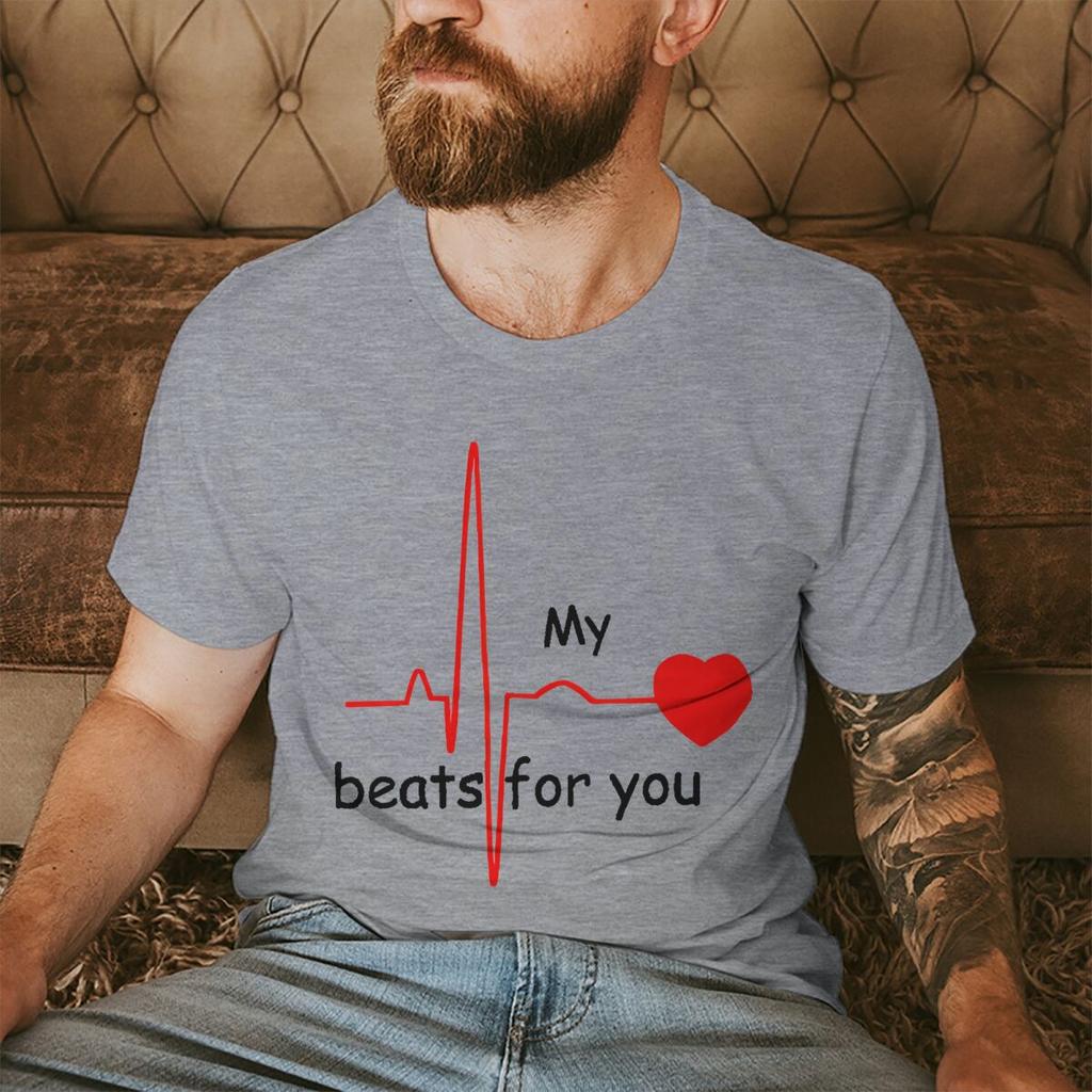 Couple Heart Beats for You Print T Shirt Causal Women Man Vintage Couples Matching Tshirt Short Sleeve Valentines Day Tees