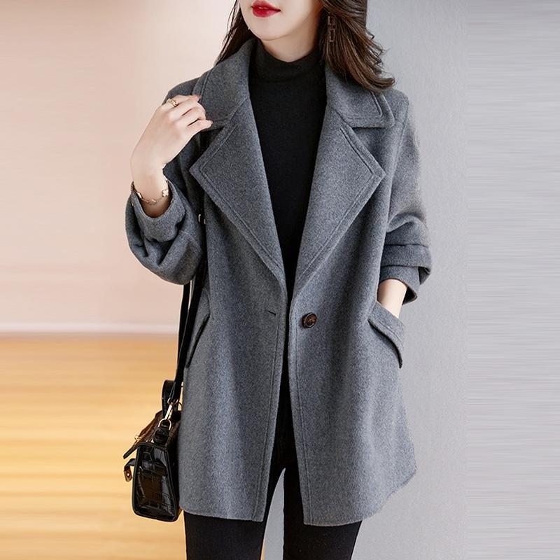 Damen Roter Wollmantel Koreanischer Stil Lockere Passform Vintage Mode Blazer Revers Winterjacke