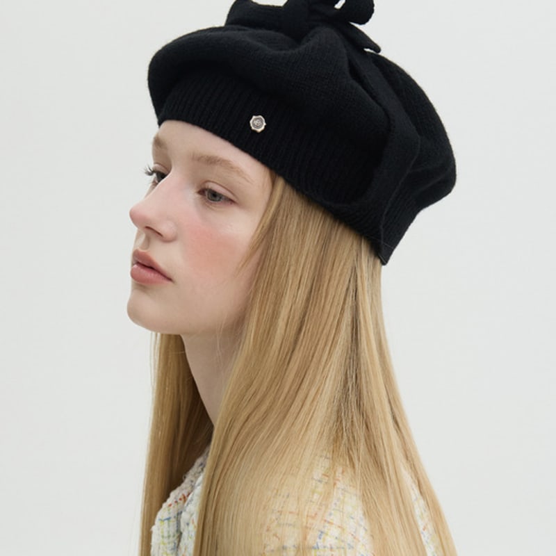 Brown Hat Tricot Ribbon Beret - Black
