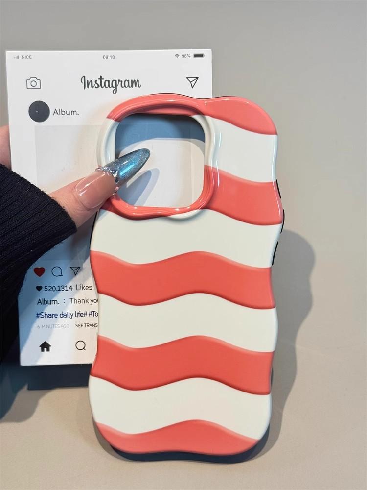 

Cute Glossy Wave Pattern Hit Color Stripe Phone Case for iPhone 16 15 17 13 Pro Max Shockproof Protective Wave Edges Back Cover iPhone17 Pro