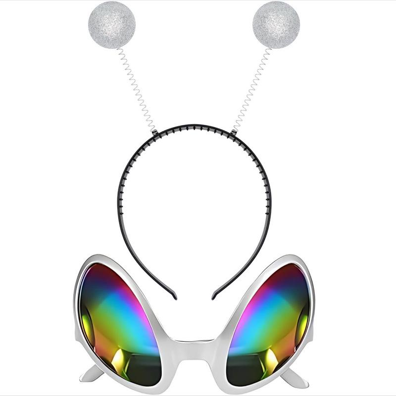 Außerirdisches Antennen-Stirnband mit alberner Brille - Goldener Glitzerball-Raumanzug-Kostüm für Halloween-Party und Cosplay.