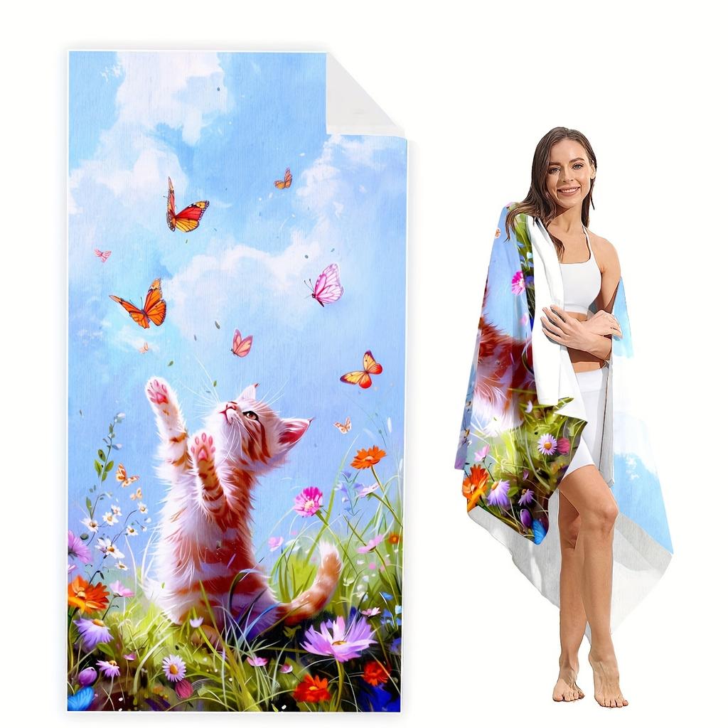 Cute Cat Cartoon Beach Towel Large Soft Absorbent Polyester Towel For Swimming Travel Camping Machine Washable Rectangular Shape