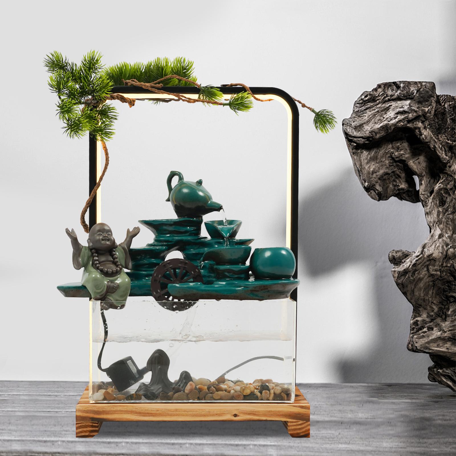 

Ceramic Handmade Water Fountains,Green Tabletop Indoor Water Fountain with LED Light 30*15*46cm for Living Room,Corridor