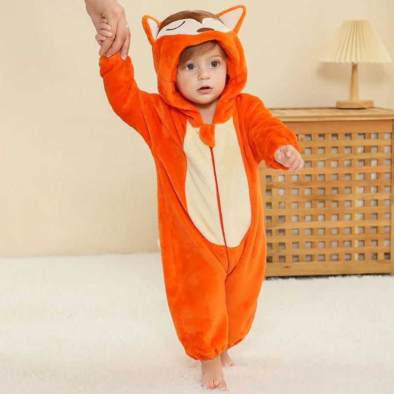Winter Halloween Dinosaur Kigurumi Cosplay Clothes Hooded Animal Cow Monkey Unicorn Onesies Baby Thick Romper Newborn Jumpsuit