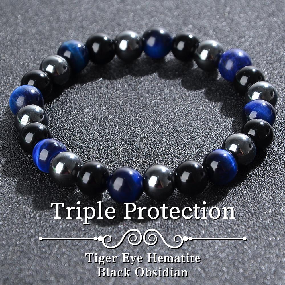 Triple Protection Bracelet, Blue Malachite Black Bile Obsidian Beaded Bracelet, Handmade Stretch Beaded Bracelet