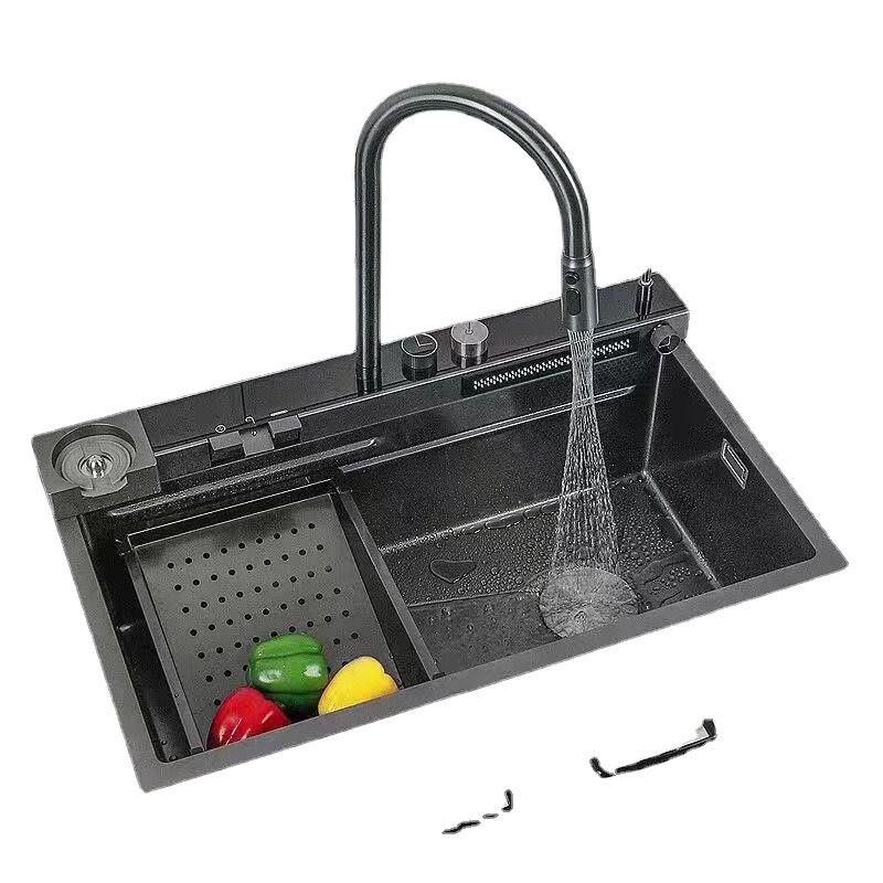 Large Handmade Black Honeycomb 304 Stainless Steel Kitchen Sink with Waterfall Design