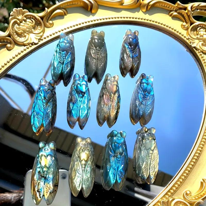 

Natural Labradorite Golden Cicada Statue Iridescent Blue Crystal Mini Home Office Decor 1pcs