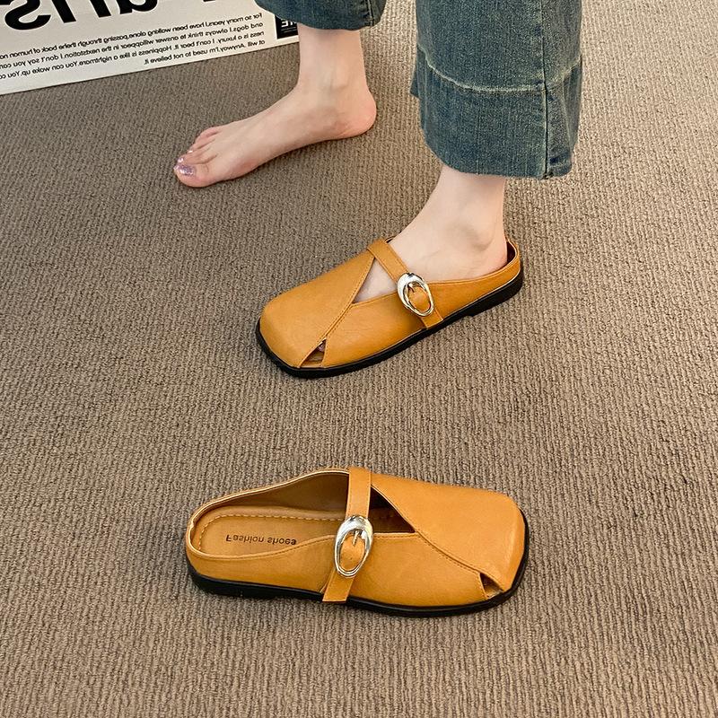 French flat bottom square head bag head half slippers women's summer wear 2025 new one-pedal with skirt single shoes sandals