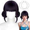 Dark Purple Neat Bangs Long Hair Short Curly Hair Bun Synthetic Short Hair Wig | Animation KPop Demon Hunters Figure Zoe Cosplay