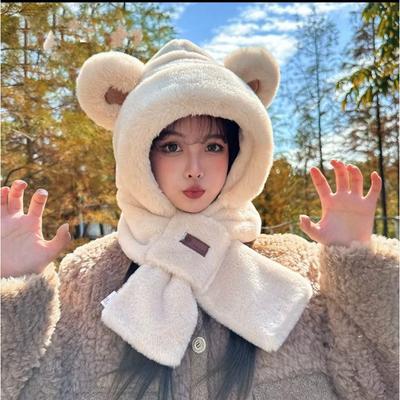 Autumn and Winter Plush Cute Bear Hat Scarf Mask Integrated Female Cycling Windproof Ear Protection Neck Warm Three-piece Set