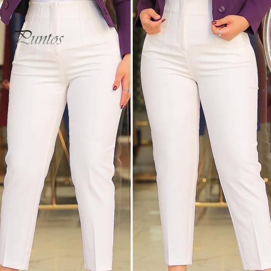 Work Pants High Waist Pleated Pockets Ninth-Length Women Trousers Female Solid Color Straight Leg Suit Office