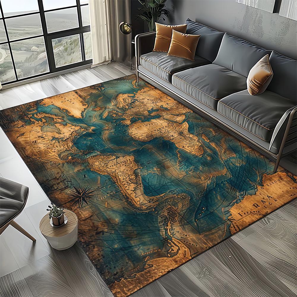 2025 New Style Retro Marine Nautical Chart Compass Carpet Rug for Home Living Room Bedroom Sofa Doormat Decor,Non-slip Floor Mat