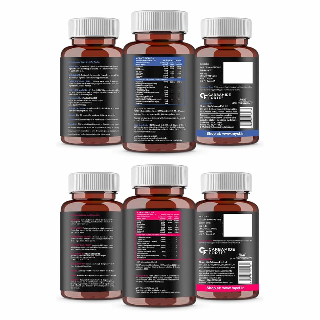 Nova Carbamide Forte Tag & Nacht Fettverbrenner Kapseln zur Gewichtsabnahme für Frauen Männer 60 Kapseln x Packung von 2