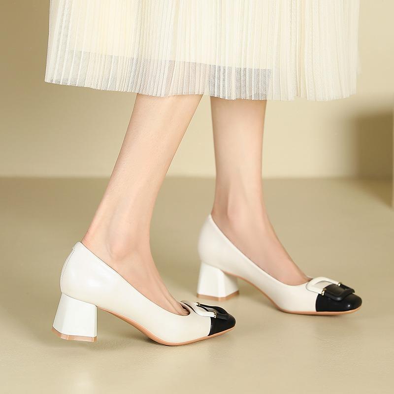 9-Color Matching Thick Heel Square Buckle Shoes Women's Light Mouth Middle Heel Square Head Single Shoes Women's Wedding Shoes Dress Bridesmaid Shoes