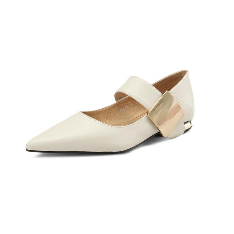 New four seasons pointed fashion single shoes women's buckle fashion solid color non-slip beef tendon sole large size soft sole cowhide women's shoes