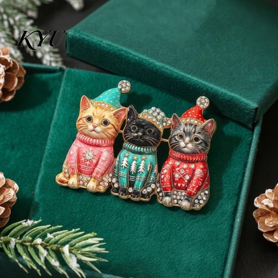 Festive Party Brooch Christmas Three Cat Pin, Men Women Rhinestone Kitten Alloy Lapel Decorative Badge for Clothing Bags Scarves Sweaters Pin