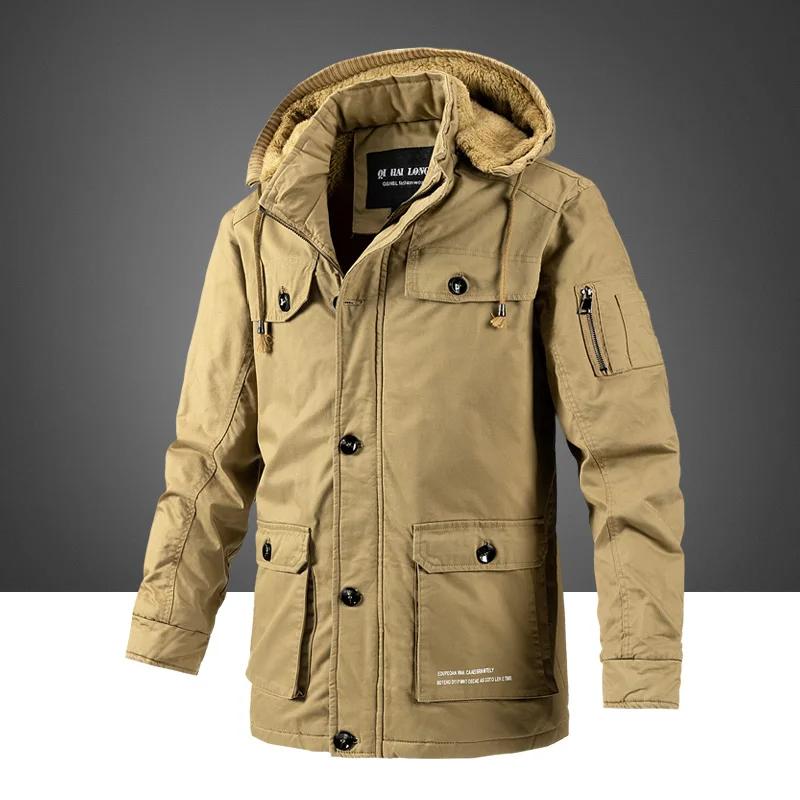 

Зимние парки-карго для мужчин, теплая толстая куртка, пальто, модная повседневная зимняя куртка с капюшоном, утолщенная флисовая ветровка, пальто XXXXL хаки