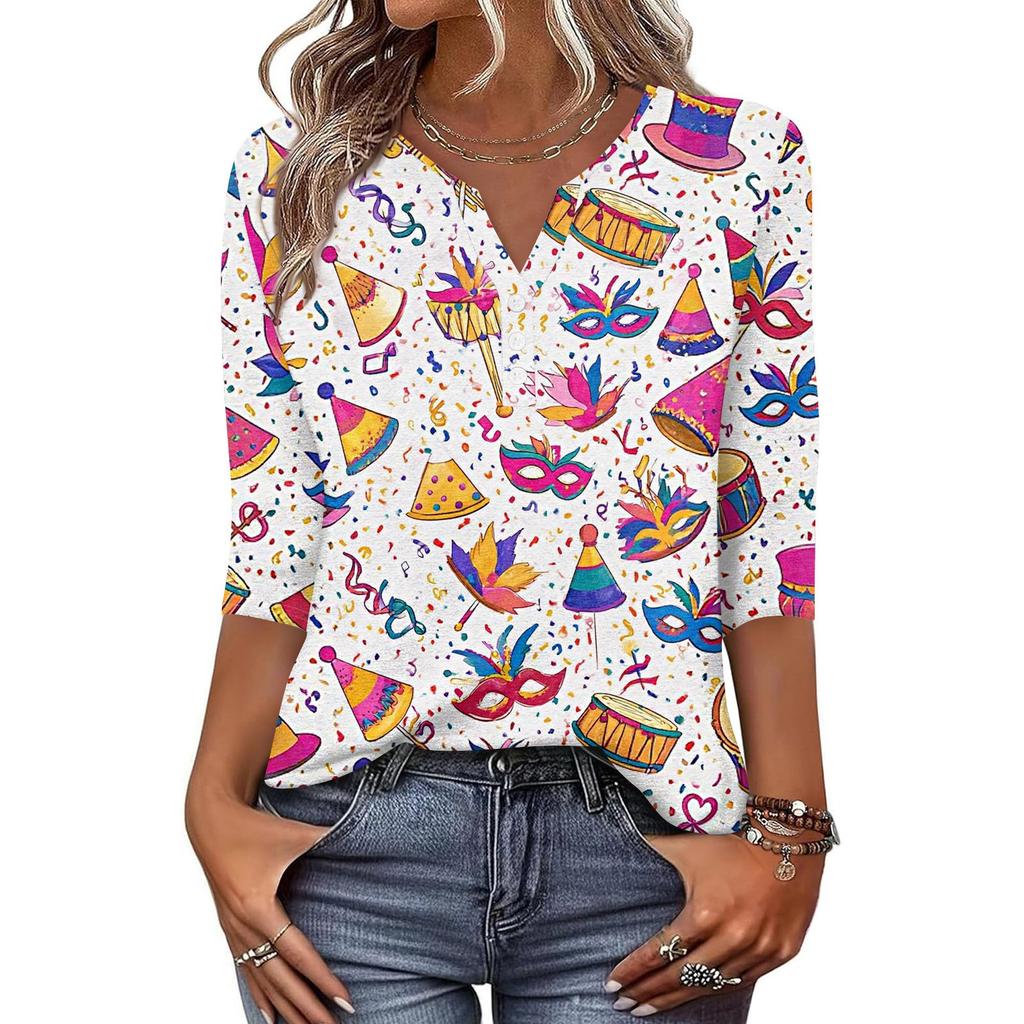 Women's T Shirt Print Button 3/4 Sleeve Daily Weekend Fashion Basic V- Neck Regular Top