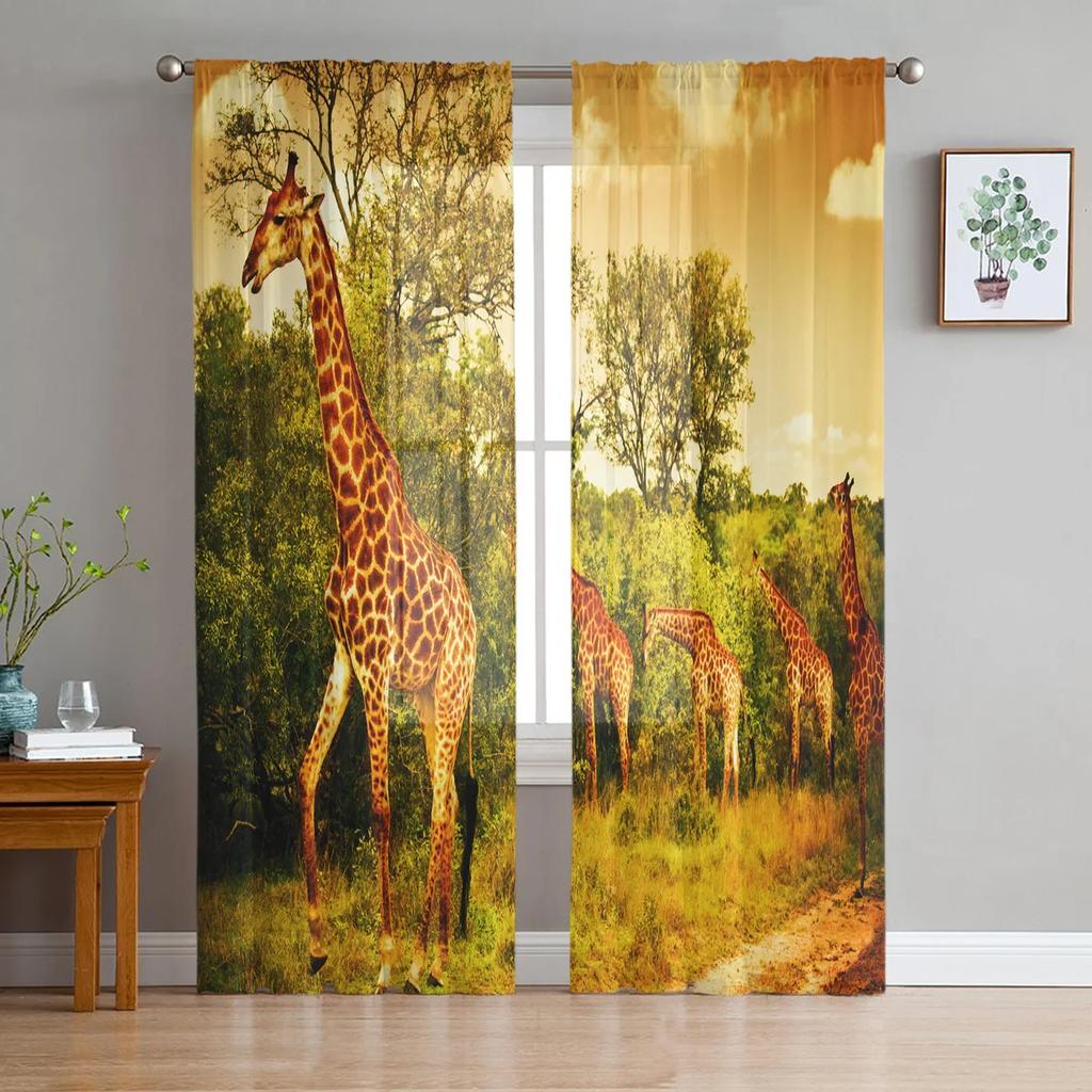 Lustige Giraffe Tier Weiße Tüllvorhänge Für Wohnzimmer Schlafzimmer Küche Dekoration Chiffon Transparent Voile Fenstervorhänge Drapierung