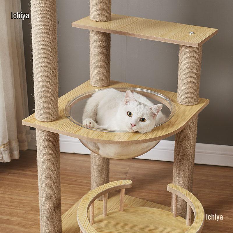 Solid Wood Sisal Cat Tree with Space Capsule and Scratch Board
