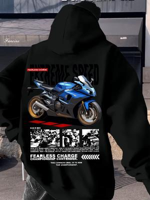 Casual Fleece Hoodie with "EXTREME SPEED" Motorcycle Graphic Print - Gray