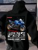 Casual Fleece Hoodie with "EXTREME SPEED" Motorcycle Graphic Print - Gray