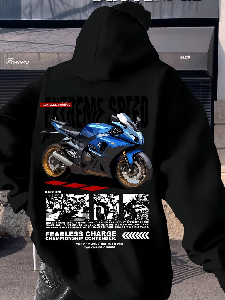 Casual Fleece Hoodie with "EXTREME SPEED" Motorcycle Graphic Print - Gray