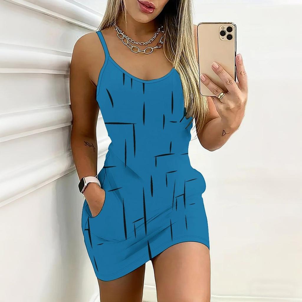 Summer New Flowers and Geometry  Patterns  Print Sleeveless Bodycon Dress with Pockets Sexy Slim Fit Elegant Party Dress