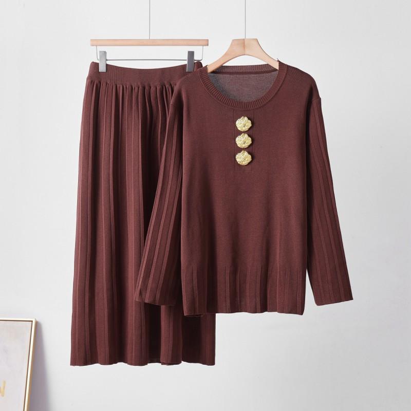 Womens Winter Knit Set: Solid Color Crew Neck Sweater A-Line Ribbed Skirt With Metal Button