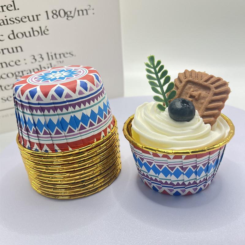 100pcs Bohemian Pattern Middle East Single Sided Gold Muffin Cups Rolled Mouth High Temperature Resistant Thickened Cake Cups