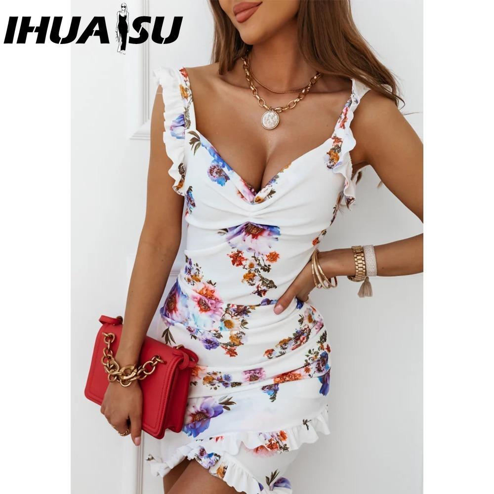 

IHUASU Летнее женское платье-бодикон с цветочным принтом и рукавами-бабочками, с оборками, V-образным вырезом и бандажной завязкой, повседневное короткое сарафанное платье, женское пляжное мини-платье на тонких бретельках-спагетти XXL