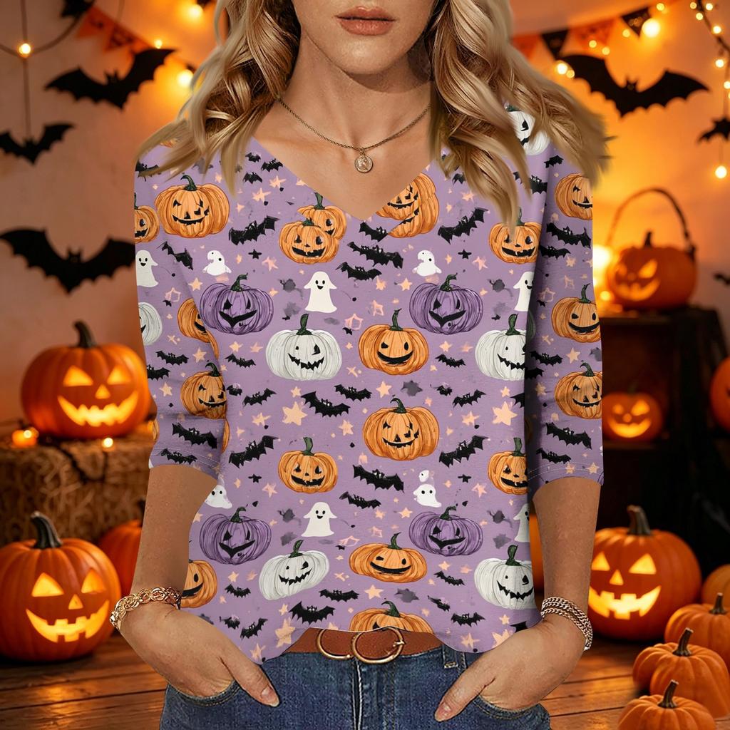 Damen Halloween Print V-Ausschnitt 3/4 Ärmel Lässiges Oberteil Leichter Weicher Stoff Lockere Passform Pulloverhemd für Saisonale Kleidung