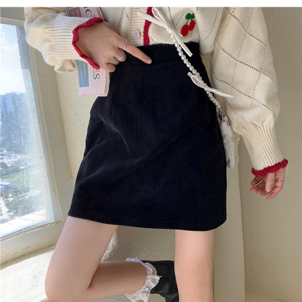 Korean Style High Waist Corduroy Midi & Short Skirt - Slimming A-Line Hip-Hugging for Petite, Autumn/Winter Hot Girl Fashion