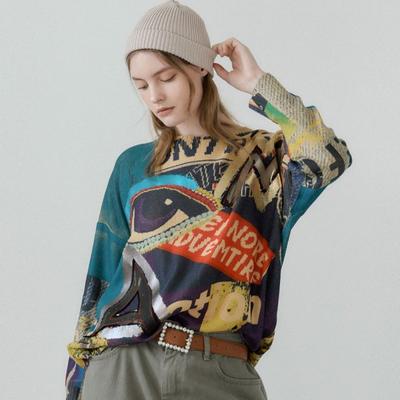 Pop Art Lettering Druck Lockerer Schnitt Rundstrick Zc04qk002on
