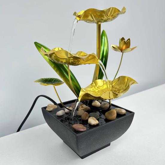 Golden Lotus Leaf Fountain Decoration 3-Tier Indoor Flower Leaves Relaxation Waterfall Fountain Fish Tank Home Office Living Room Desktop Fengshui