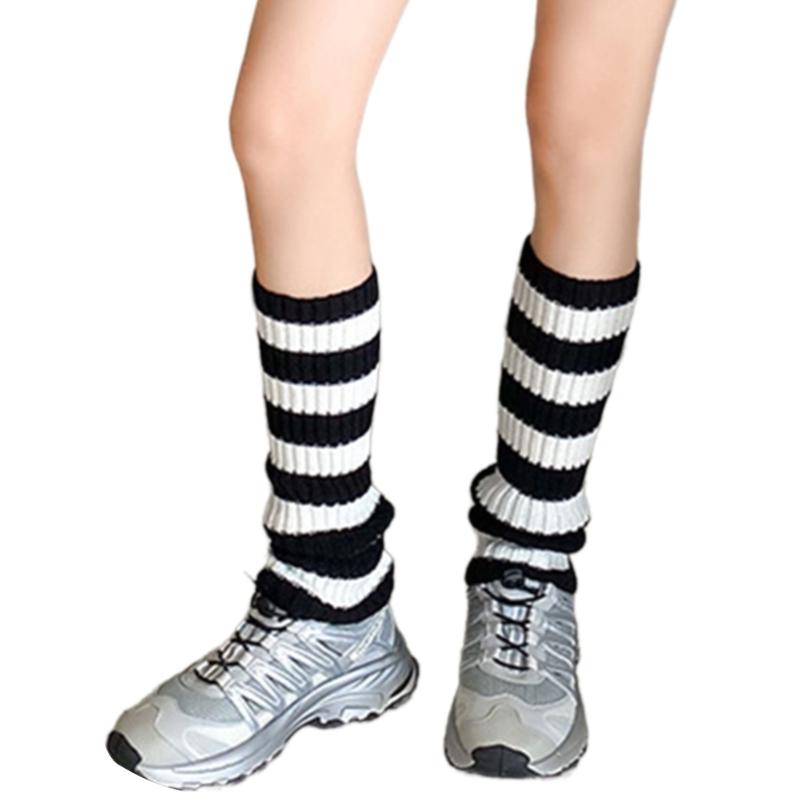 Contrast Color Striped Leg Warmers for Women Girls Ribbed Knitted Boot Covers Over Calf Socks for Dance Parties Hosiery
