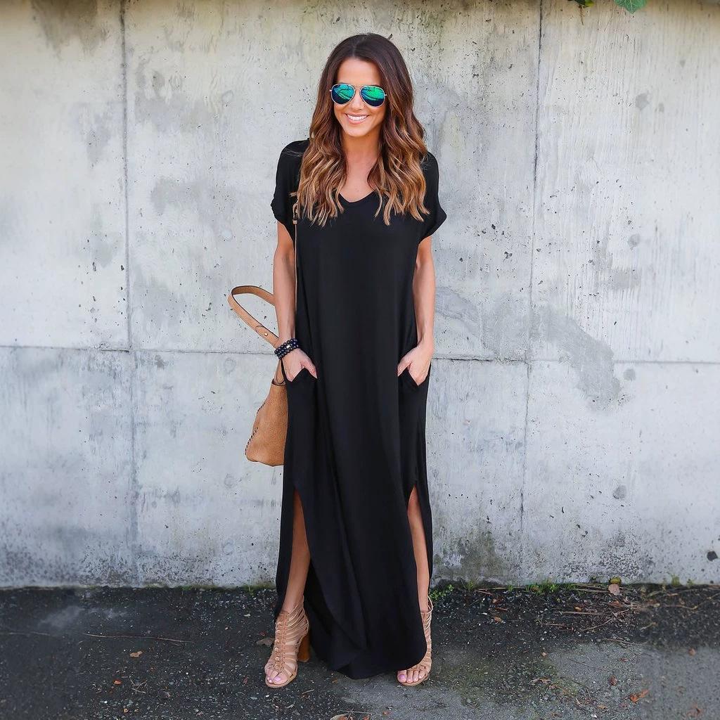 Summer New Women's Solid Color V-Neck Loose Casual Pocket Slit Dress
