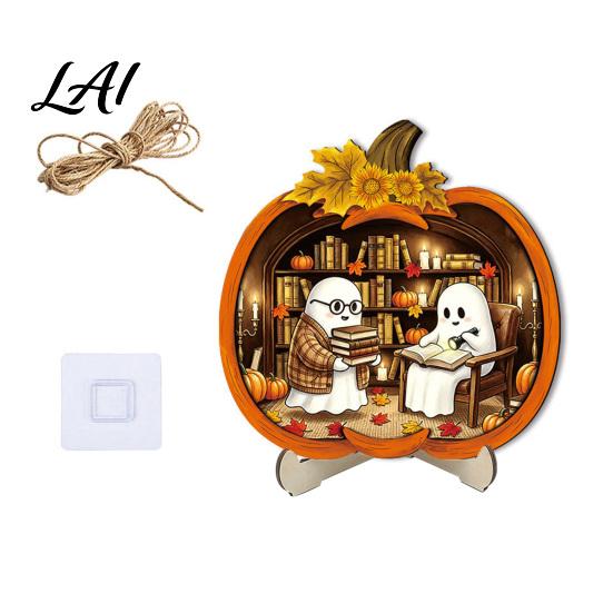 Cool Patterned Ornaments Halloween Door Sign Glowing Ghost Hanging Decor Wooden LED Window Reusable Party Supplies Ornament for Party Spooky