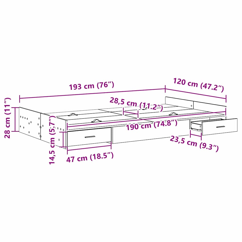 Storage Bed Frame with Headboard Sonoma Oak 120 x 190 cm
