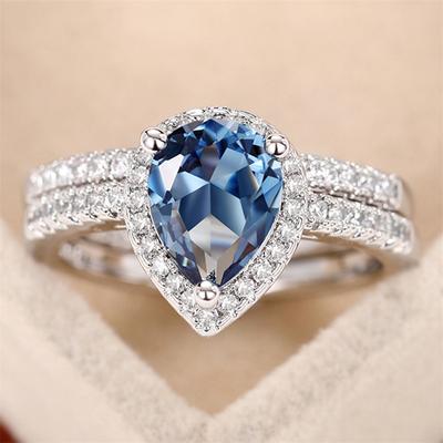 New Elegant Pear Blue Cubic Zirconia Women Wedding Set Rings Silver Color Luxury Engagement Party Accessories Fashion Jewelry
