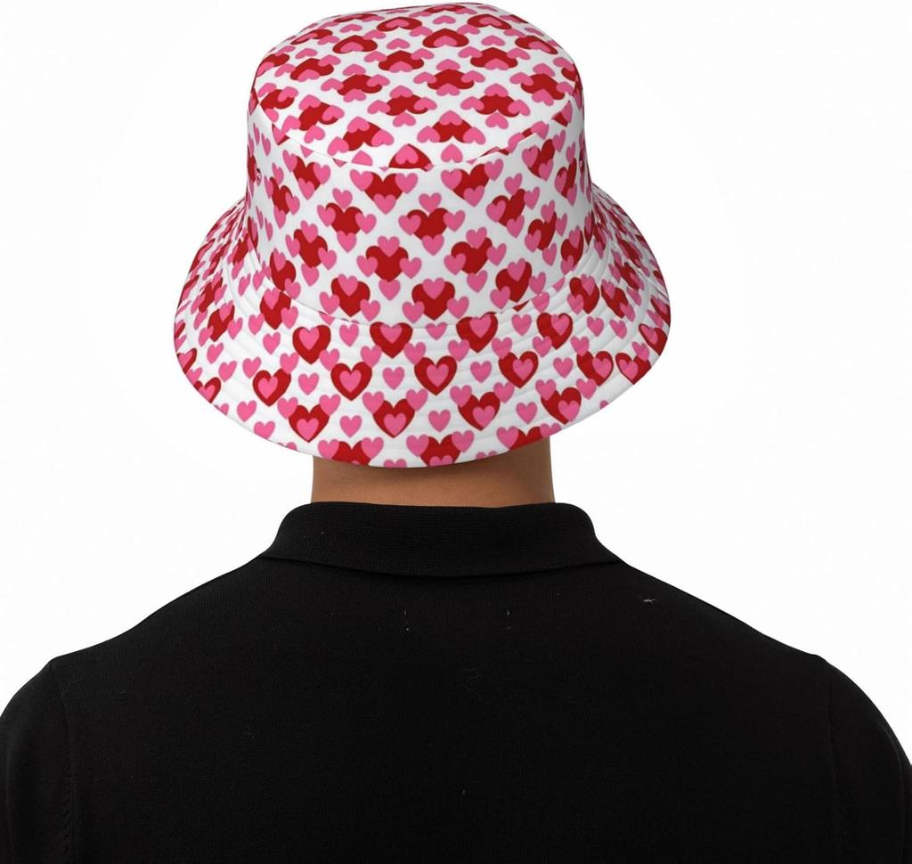 Cute Love Hearts Pattern Bucket Hat Summer Travel Beach Sun Hats Outdoor Hearts Cap For Women Men 011