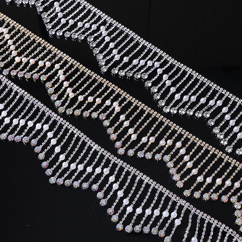 90cm Glitter Tassel Crystal Lace Trim AB Color Rhinestone Chain Claw Fringed Pearl Pendant Chain Diy Sewing Garments Crafts