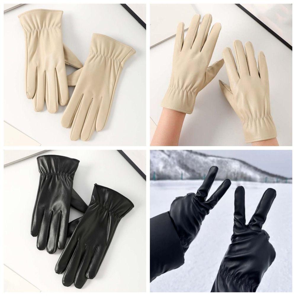 Soft Black Thickened Gloves  Beige Finger Mittens PU Anti-cold Gloves  Outdoor Sport