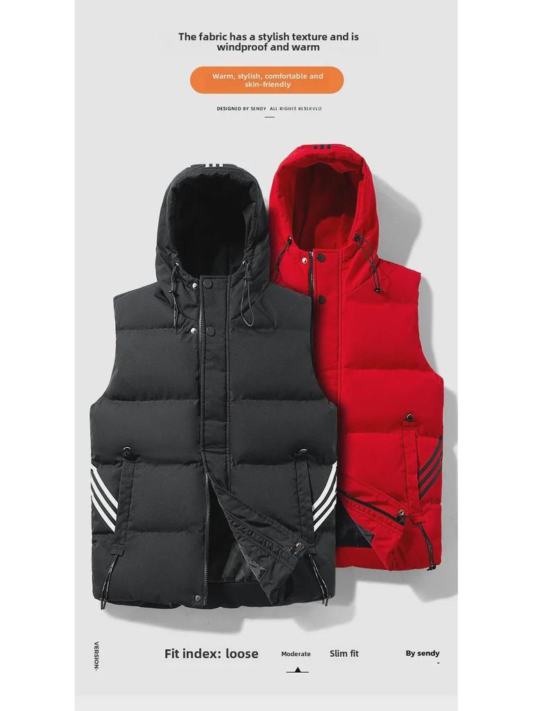 Pánská zimní vesta s kapucí slim fit - Velká velikost, mladistvý styl, všestranná vesta s designem tří pruhů.