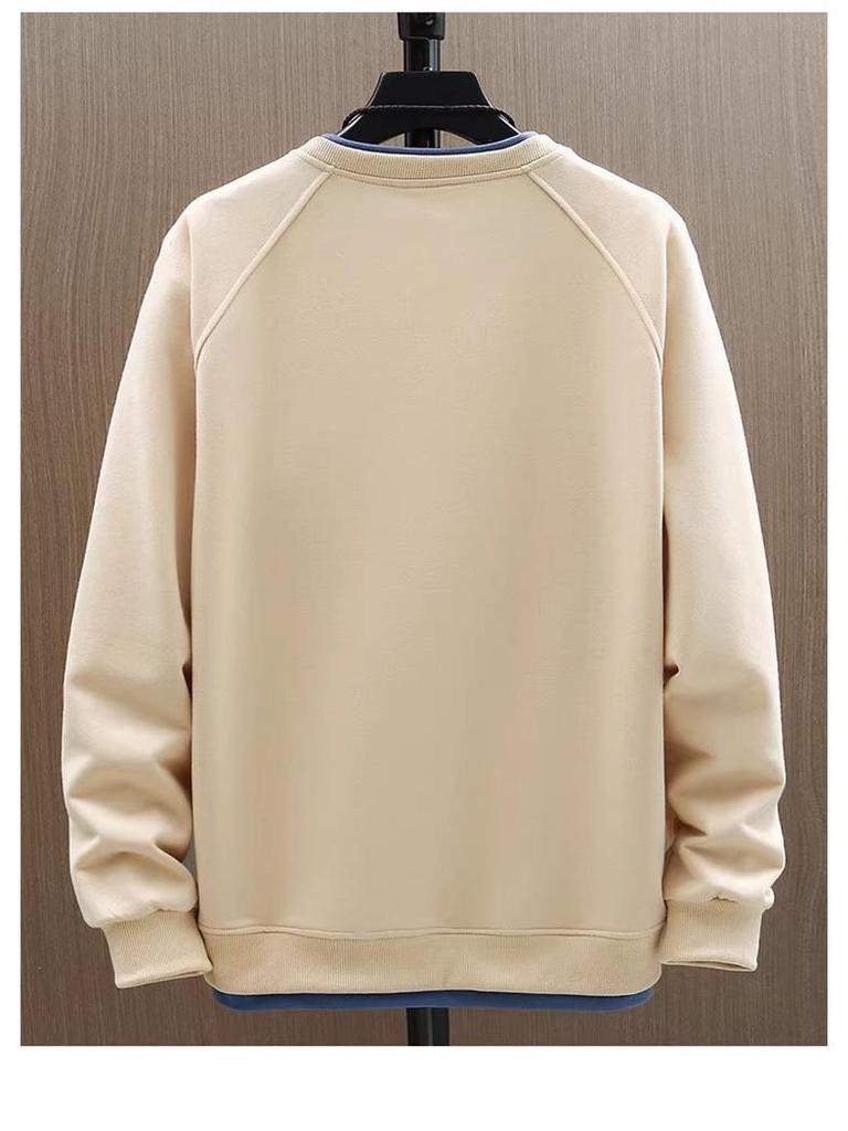 Trendy Men's Solid Color Round Neck Sweatshirt: Stylish, Comfortable, Loose Fit, and Fake Two-Piece Design for Autumn/Winter.