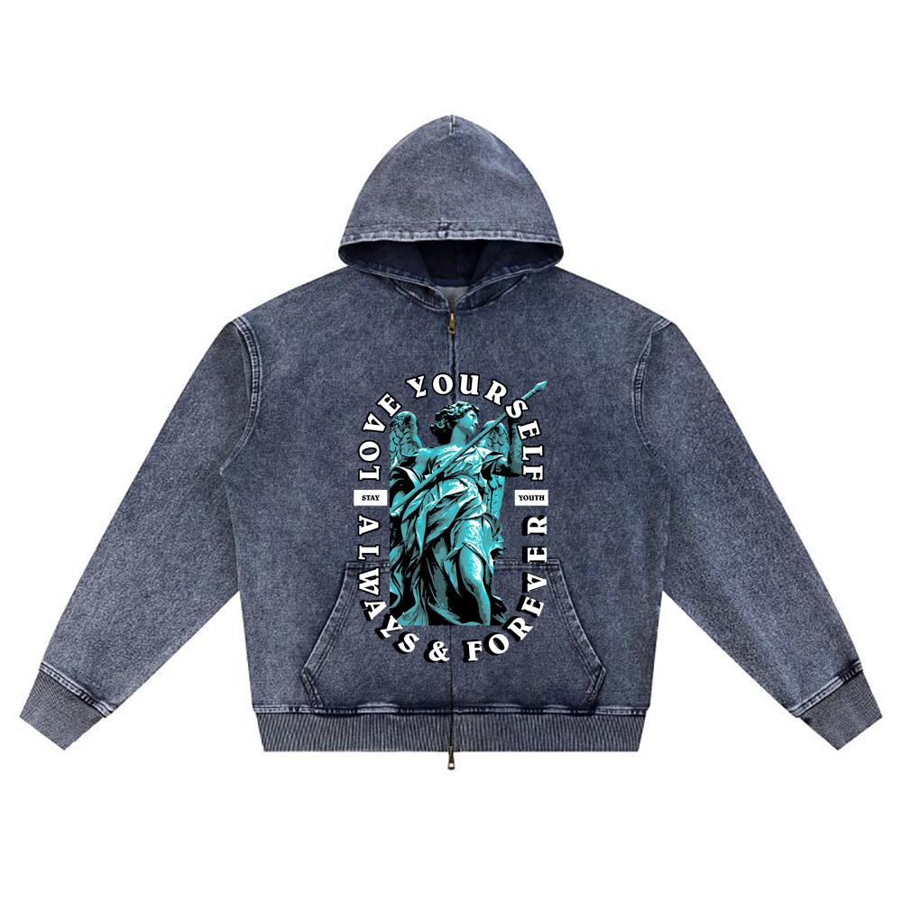 DTG print Knitted Denim Zip-Up Hoodie Streetwear Brother Print Zipper Hoodies  