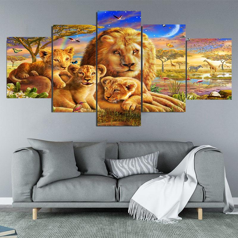 5Panels Tropical Jungle Plant and Animal Landscape Canvas Painting Posters and Prints Wall Art Home Decor for Kids Room No Frame