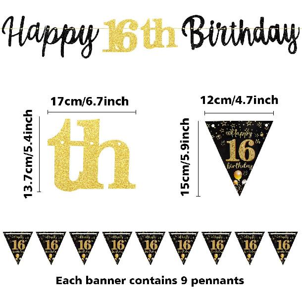 16th Birthday Decorations Banner Boys Girls, Black Gold Happy 16thBirthday Banners for Girls Boys (Birthday 16th)