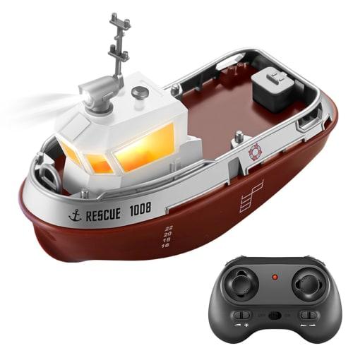 BCDYH Remote Control Boat, 2.4GHZ 1:32 Waterproof Mini Tugboat with Lights, Rechargeable Electric Toy for Kids Boys and Girls